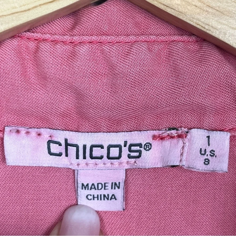 Chico’s pink 100% Lyocell fringed trim button front roll tab shirt, size 8. - Picture 10 of 11